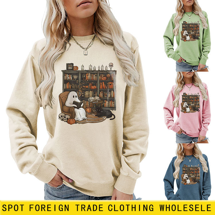 Cozy Black Cat Bookshelf Halloween Sweatshirt