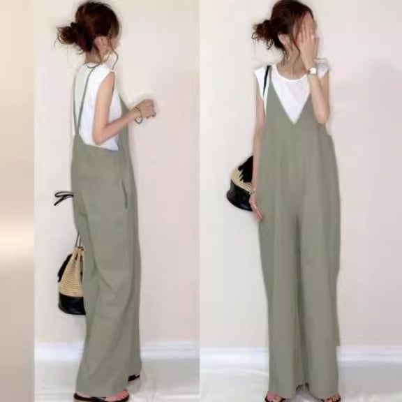 Casual Solid Color Loose Wide Leg Strap Pants