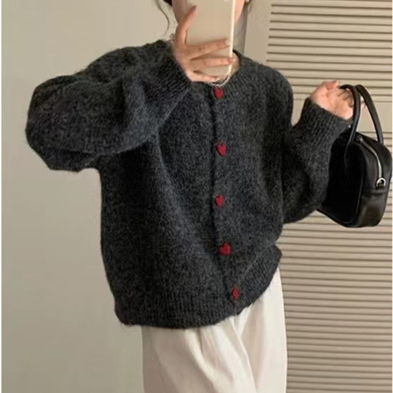 Round Neck All-matching Design Love Girl Buckle Knitted Cardigan Sweater Coat for Women