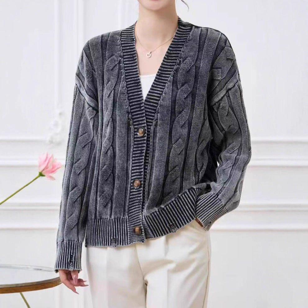 European and American Old Knitted Coat Women's Loose V-neck