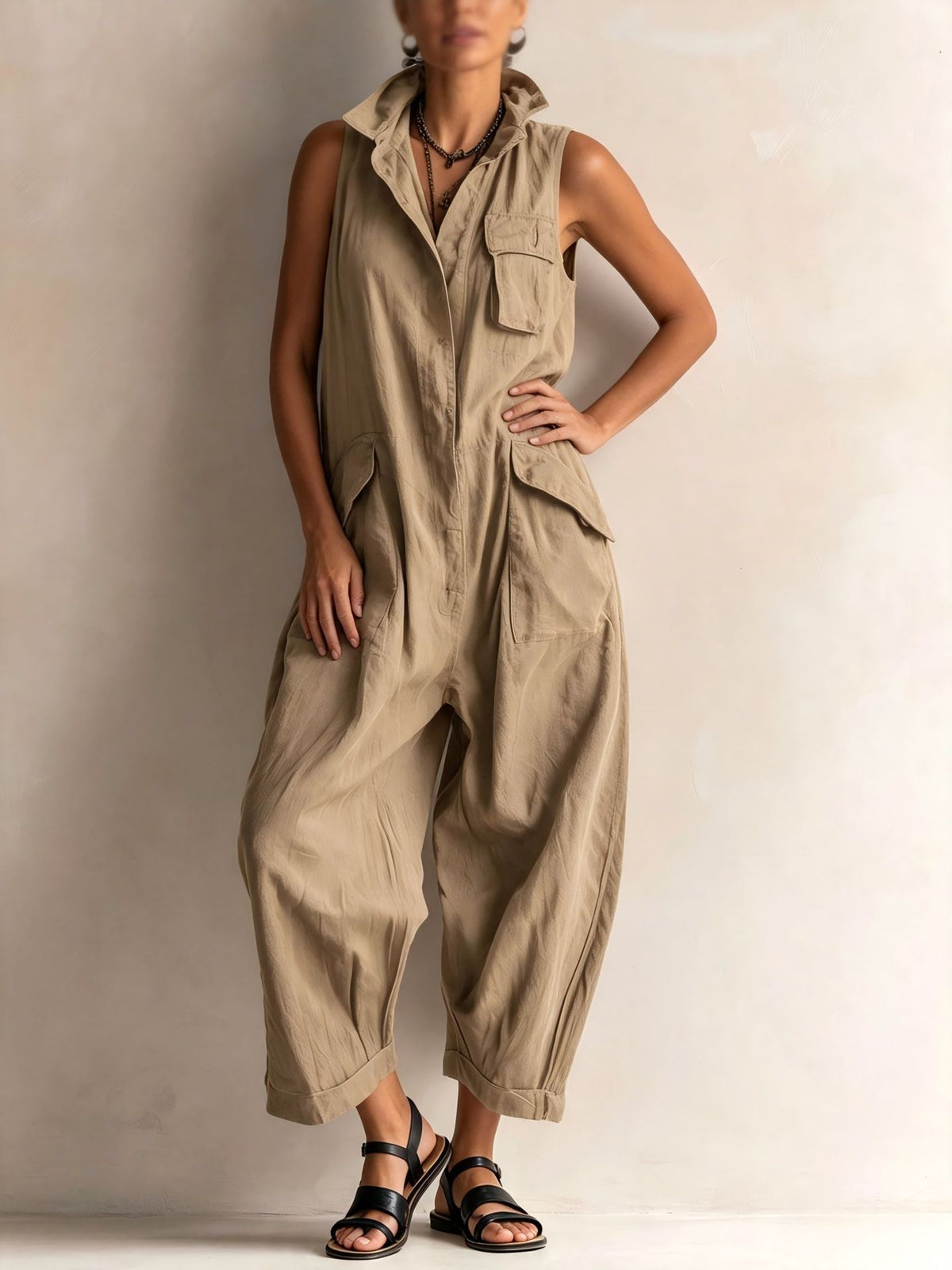 Casual Cotton Multi-Pocket Wide-Leg Jumpsuit