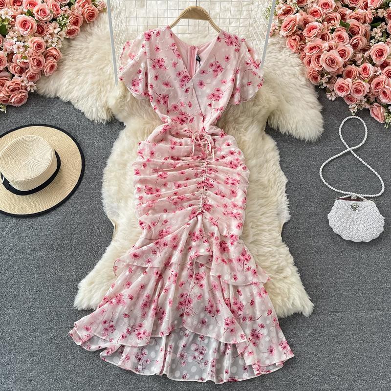 Fitted-waist Asymmetrical Floral Chiffon Mermaid Dress