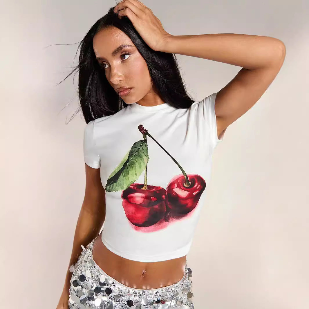Women's Cherry Print Slim-Fit Casual Top – White Streetwear