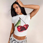 Women's Cherry Print Slim-Fit Casual Top – White Streetwear