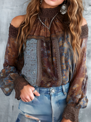 Retro Western Off‑Shoulder Lace Top – Loose Long‑Sleeve Blouse