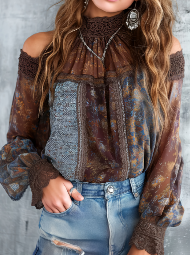 Retro Western Off‑Shoulder Lace Top – Loose Long‑Sleeve Blouse