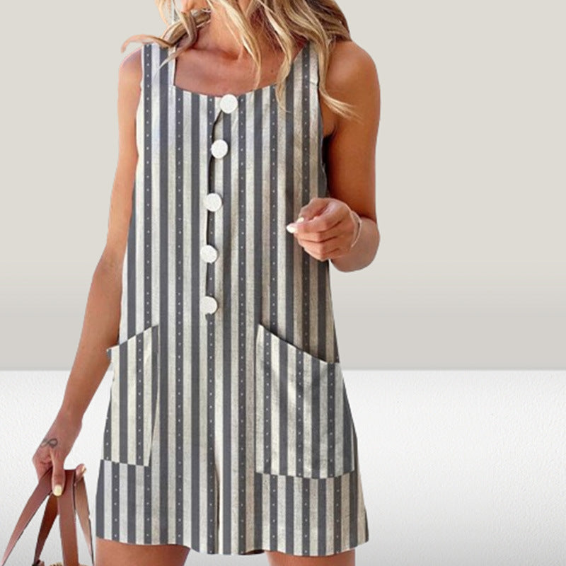 Women's Casual Striped Button Pocket Vest Culottes