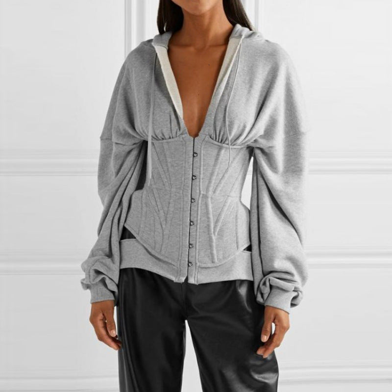 Women's Slim-Fit V-Neck Hooded Long-Sleeve Top