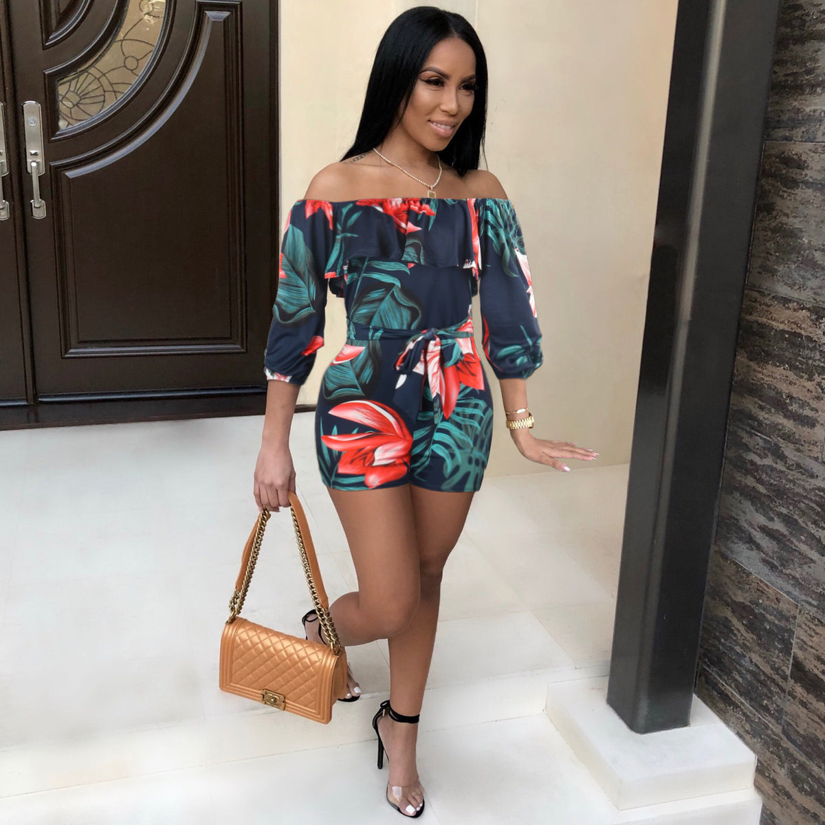 Printed Layered Sleeve Belted Jumpsuit