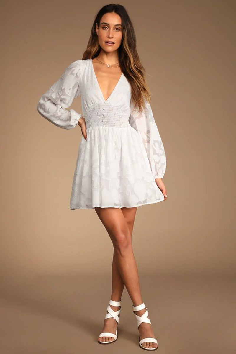 Casual V-neck Chiffon Hollow-out Jacquard A-line Dress