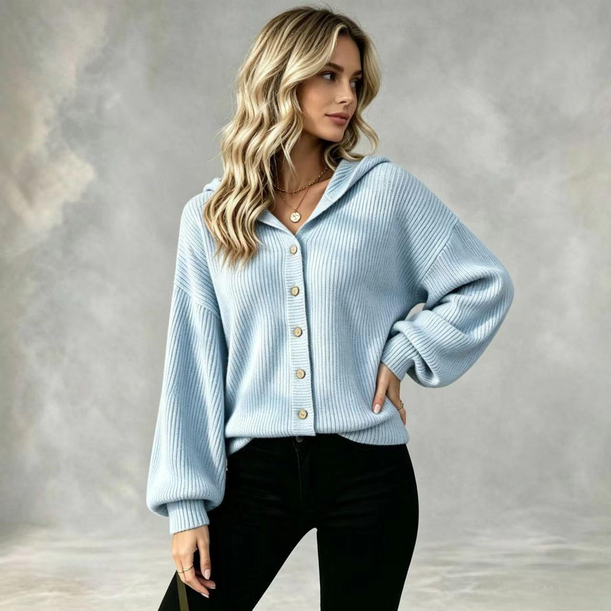 Hooded Knitted Cardigan Loose-sleeved Corduroy Coat with Buttons for Women