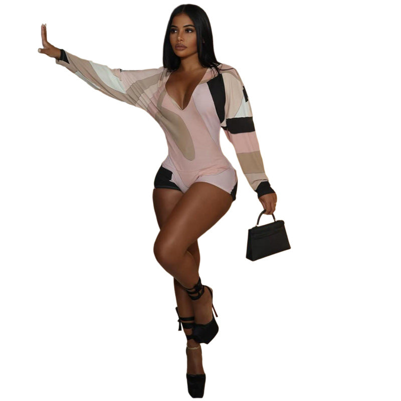 Color-Blocked Deep V-Neck Sexy Streetwear Jumpsuit