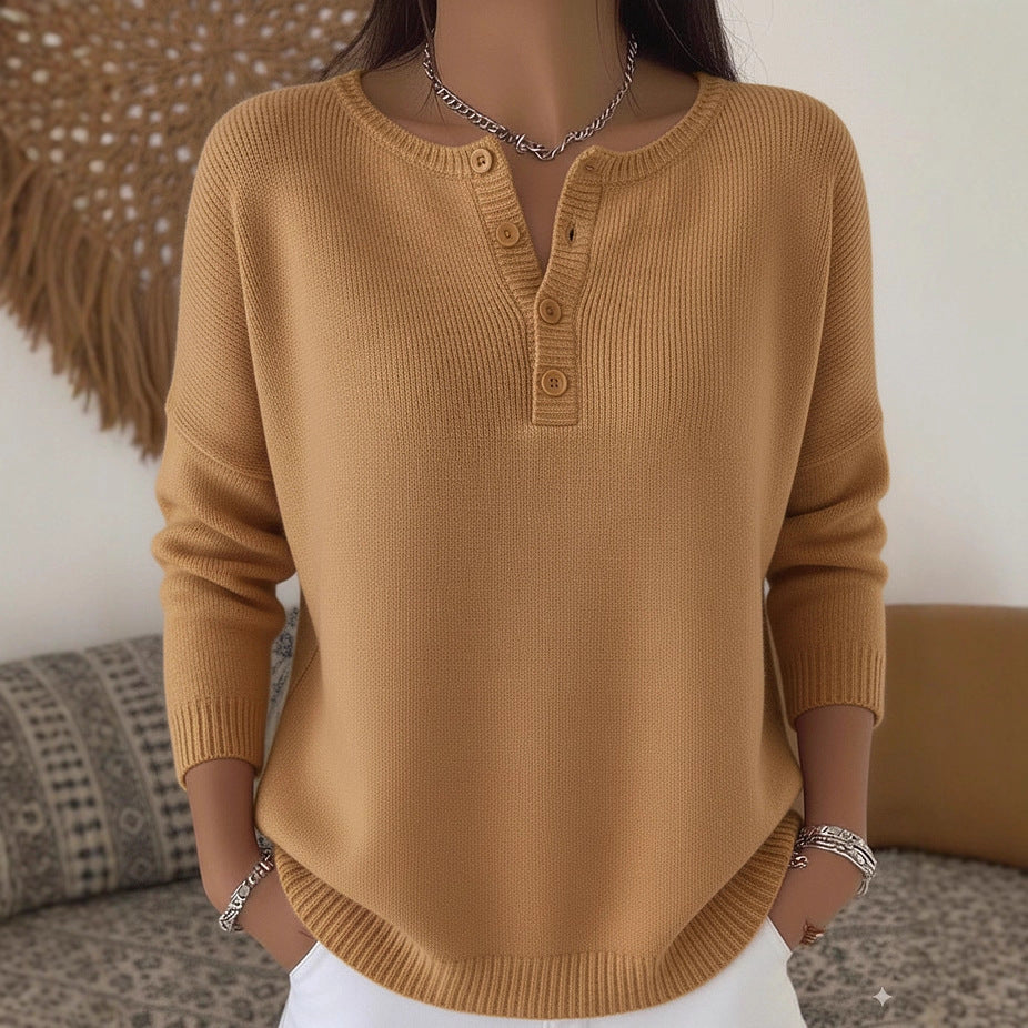 Woolen Button V-neck Women's Sweater