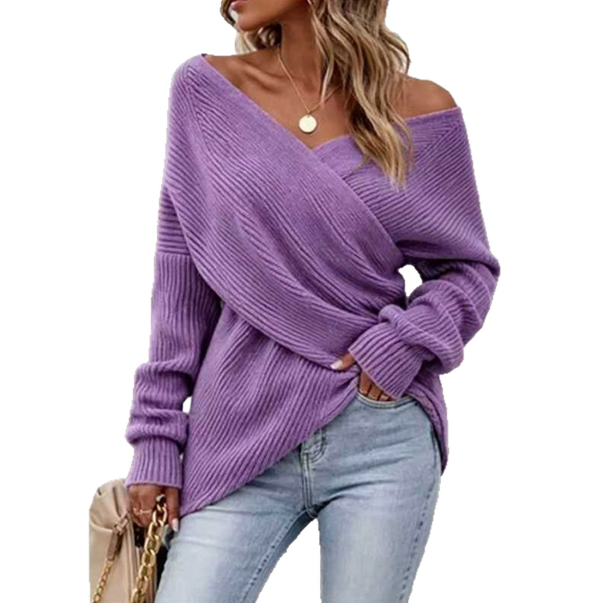 Solid-color Cross V-neck Womens Sweater