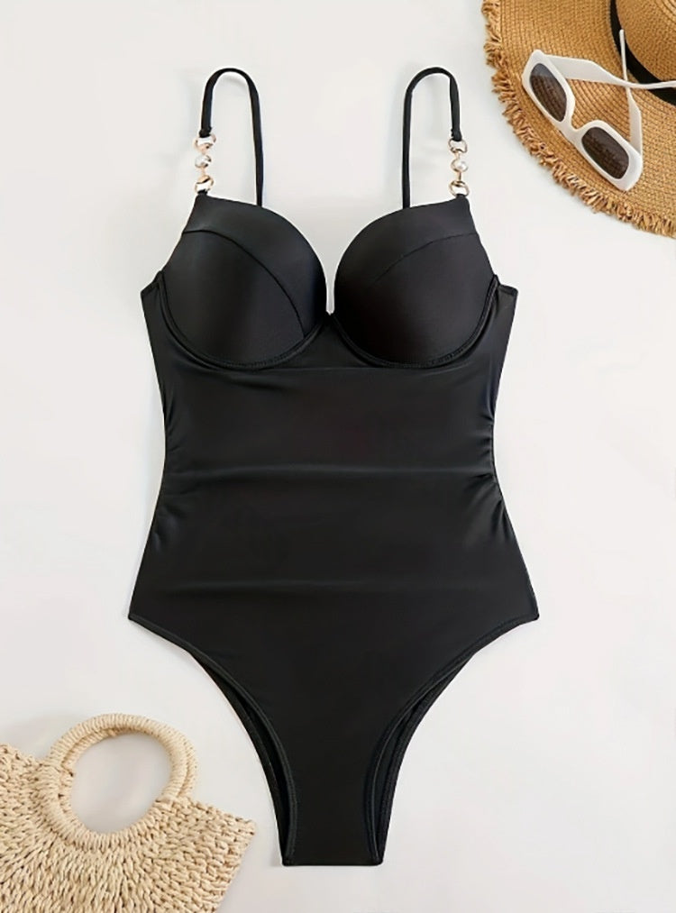 Women's Solid Pleated One-Piece Swimsuit