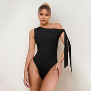 Womens Solid-Color Sleeveless Off-the-Shoulder Lace-Up Jumpsuit