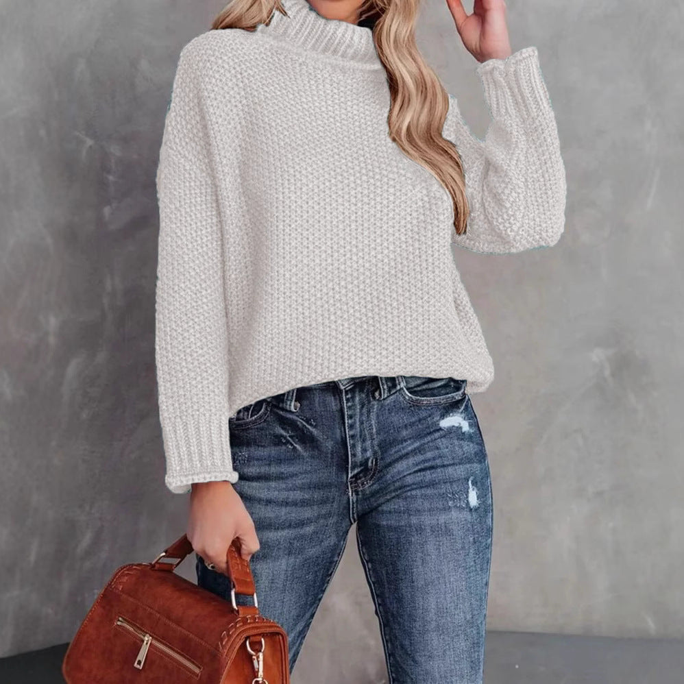 Women's High-neck Long-sleeve Rolled-edge Knit Sweater