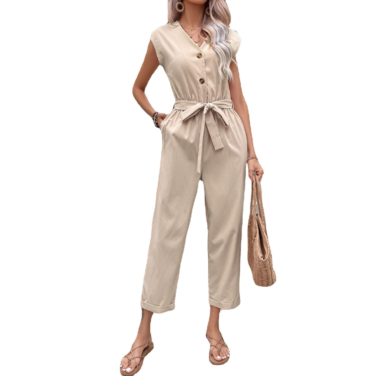 Sleeveless V-Neck Defined-Waist Jumpsuit For Women