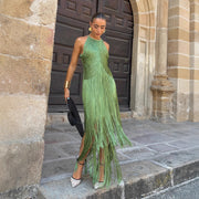 Elegant Halter-neck Tassel Maxi Dress Formal Gown