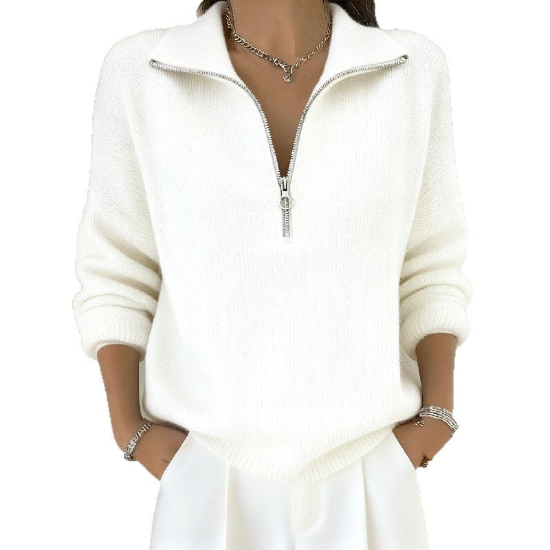 Womens Slimming Casual Fashionable, Versatile Knitted Sweater with a Zippered Lapel