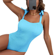 Women's Pleated Wave Cloth Pure Color Tied One-piece Swimsuit