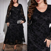 Womens Lace Round-neck Flared-sleeve Dress