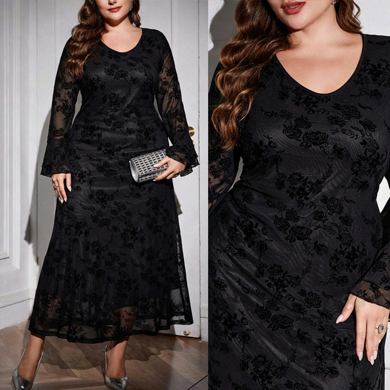 Womens Lace Round-neck Flared-sleeve Dress