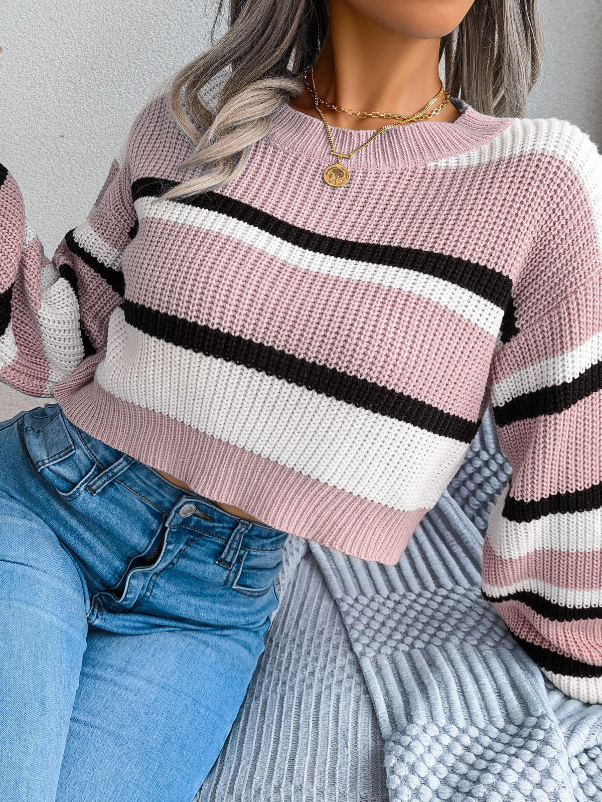 Casual Striped Long Sleeve Cropped Knit Sweater