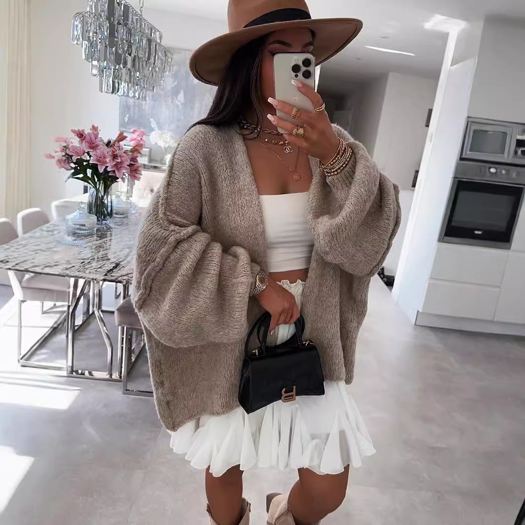 Casual Loose Solid Color Mid-length Knitted Sweater for Women