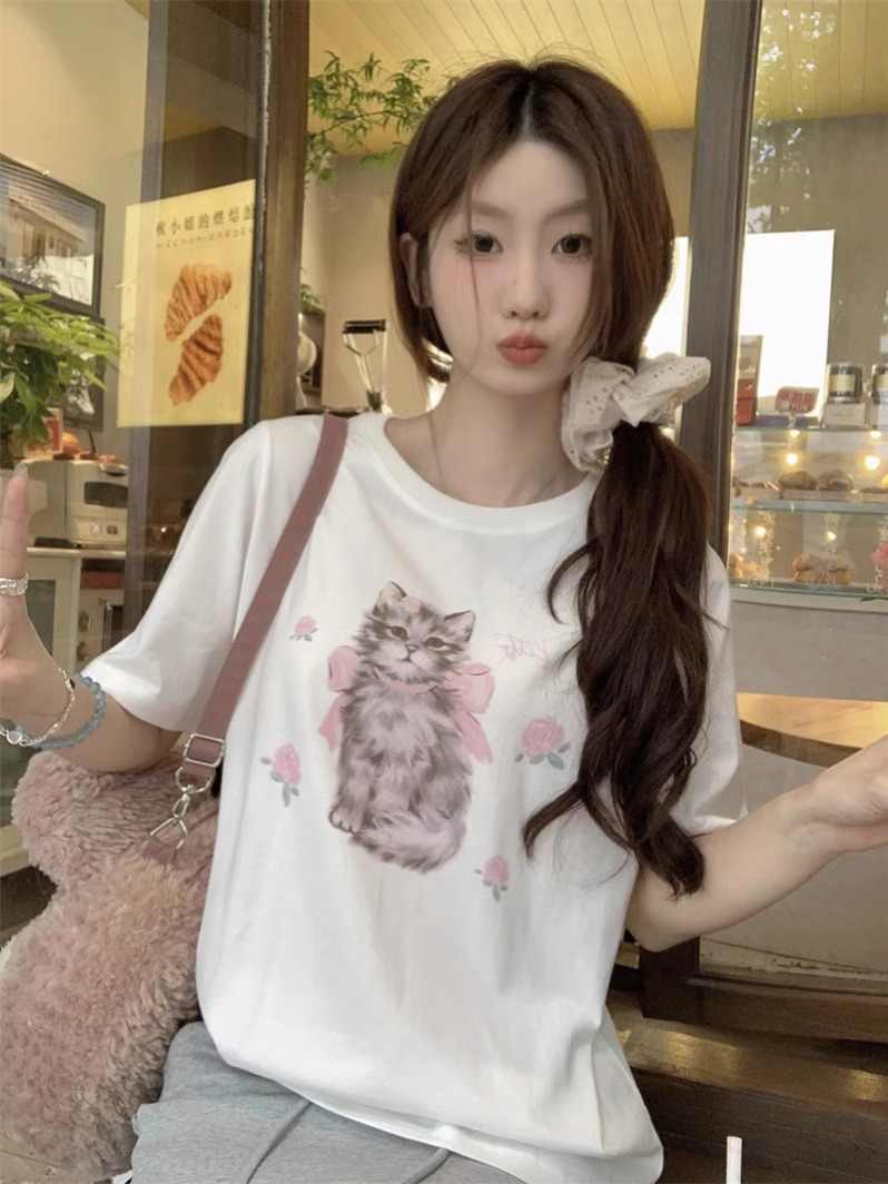Cat Printing Short-sleeved T-shirt For Women Round Neck Loose Top