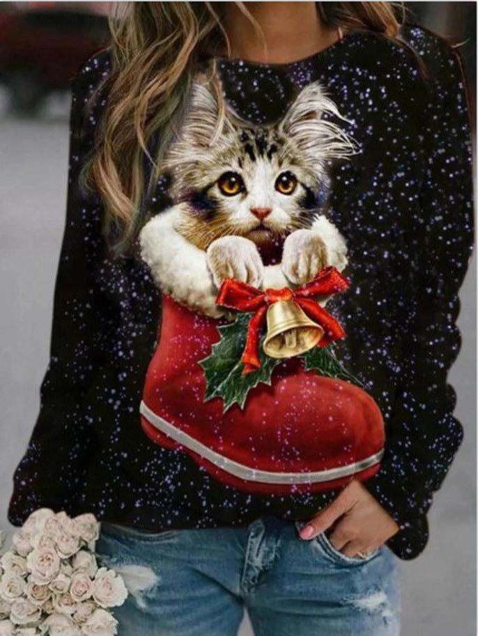 Women's 3D Print Loose Casual Round-Neck Autumn Sweater