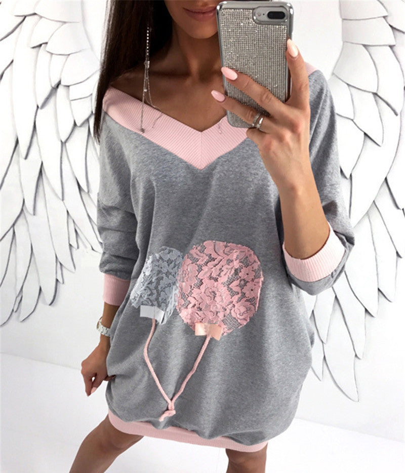 Women's V-neck Color-block Loose Lace Printed Mid-length Long Sleeve Sweater