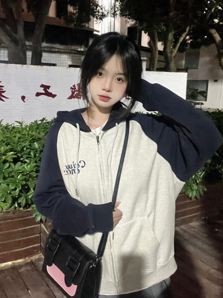 Retro Contrast Hooded Cardigan Loose Sweatshirt