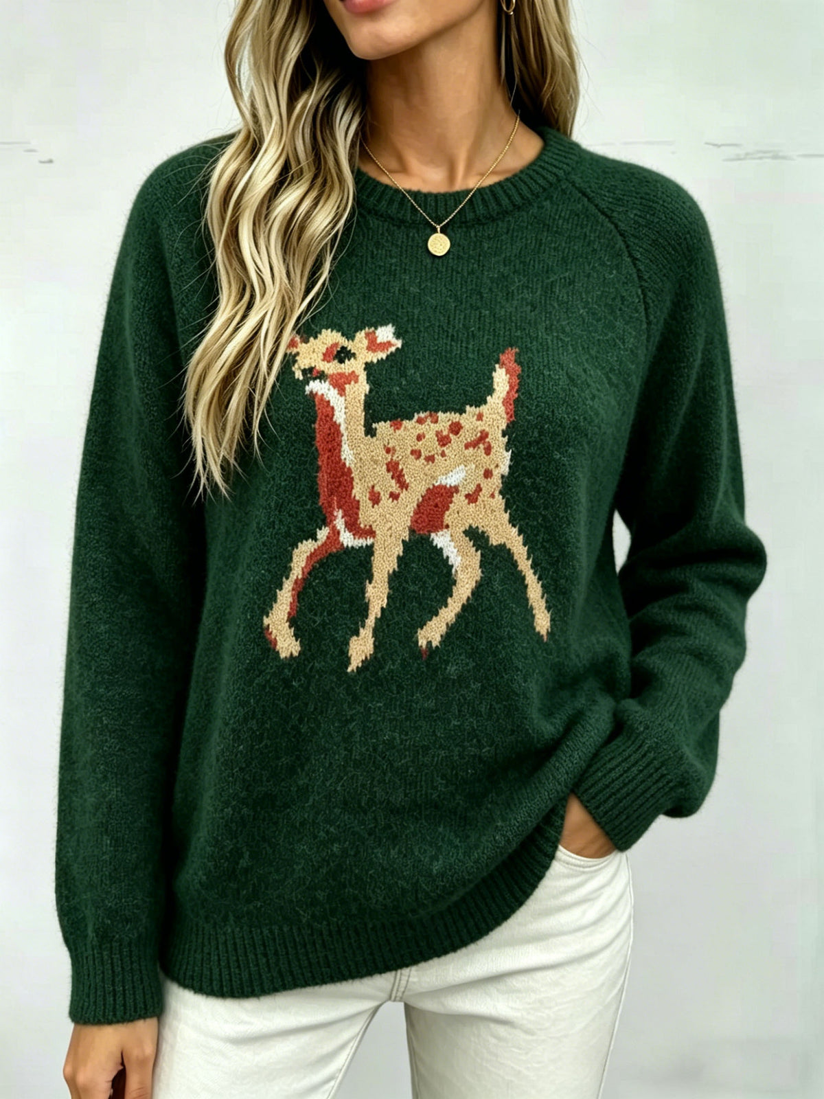 Womens Christmas-themed Cartoon Deer Jacquard Sweater