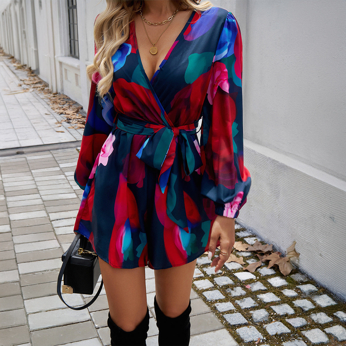Chic Color-Block Long Sleeve High-Waist Casual Jumpsuit