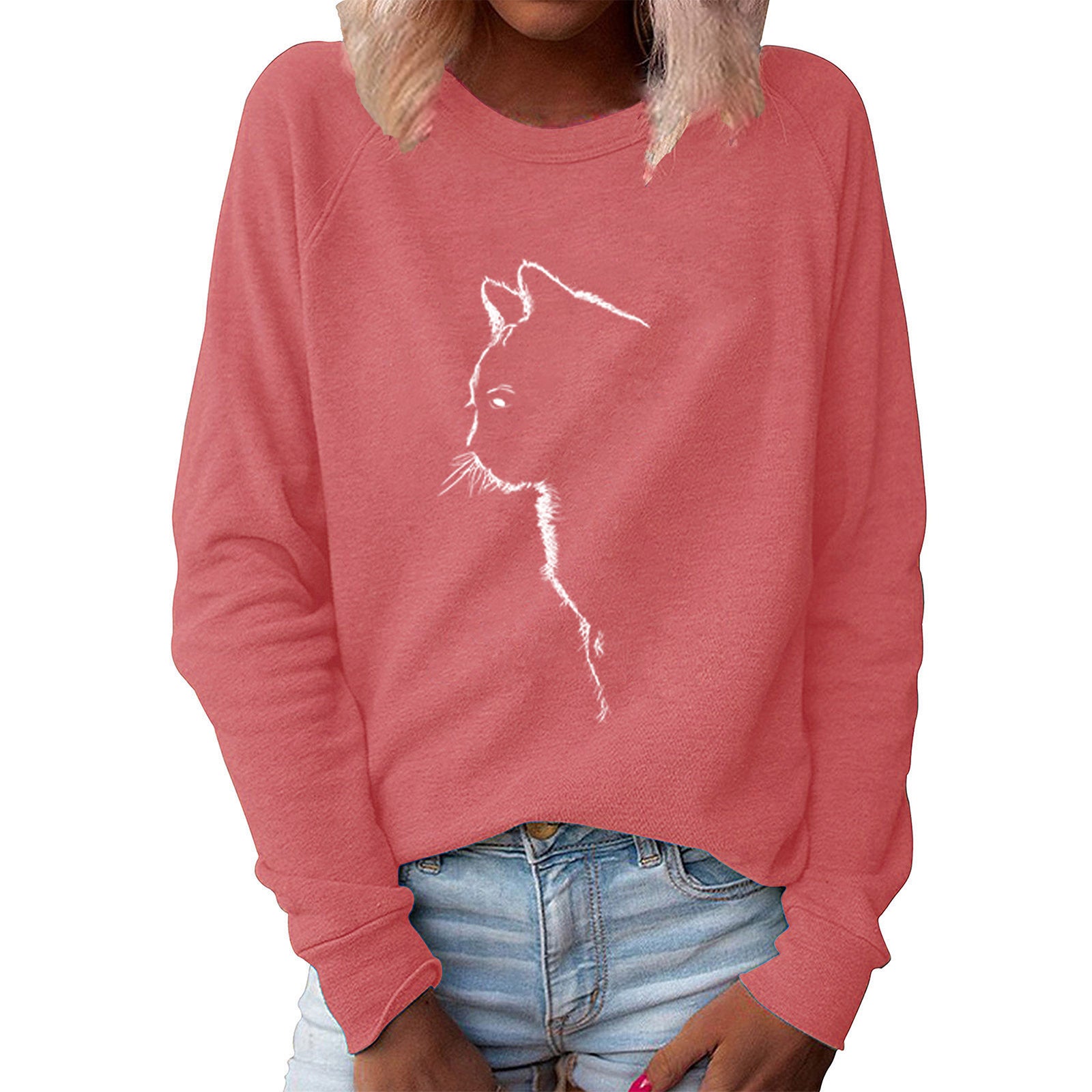 Cute Cat Print Long Sleeve Pullover Sweater