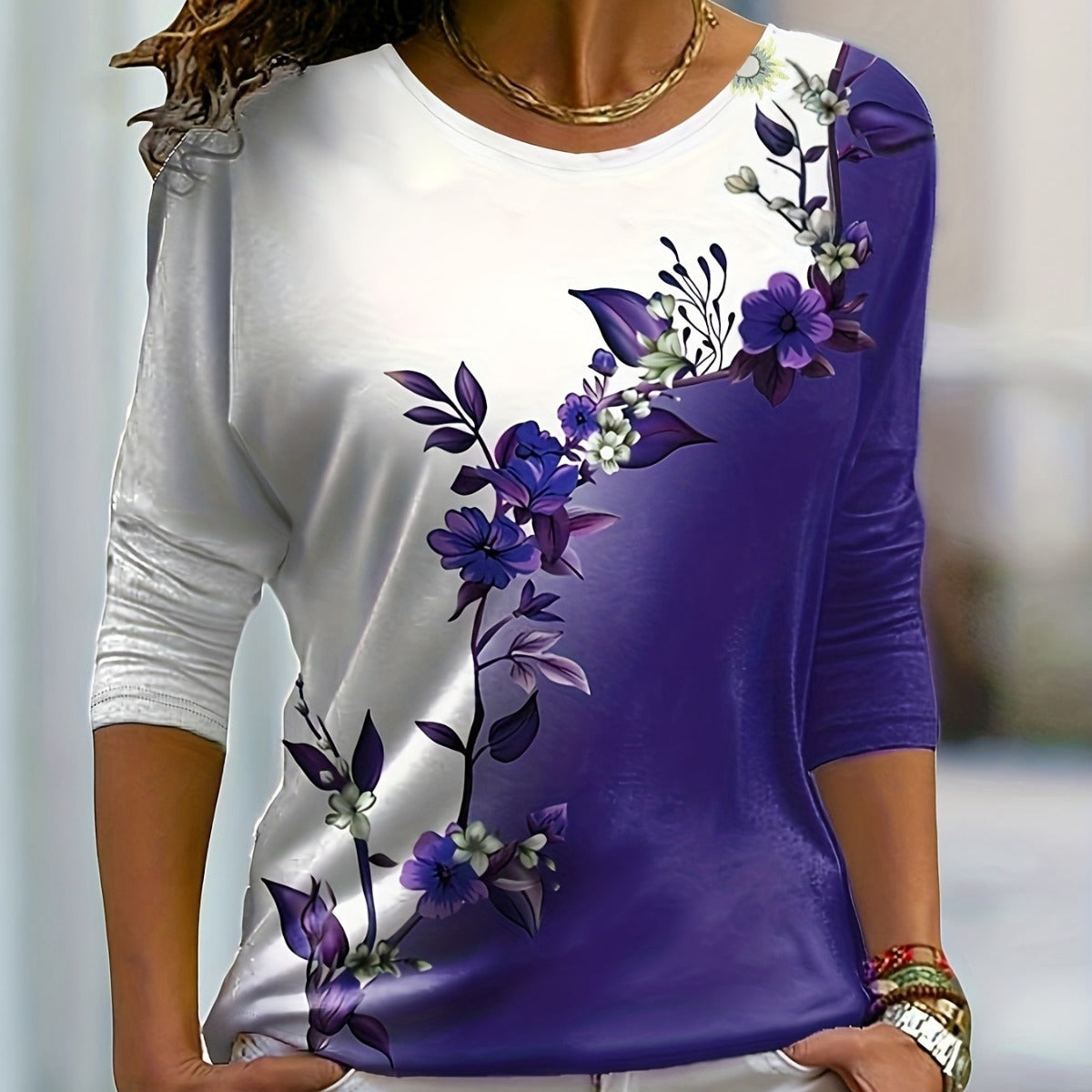 Floral Print Long Sleeve Casual Round Neck Top
