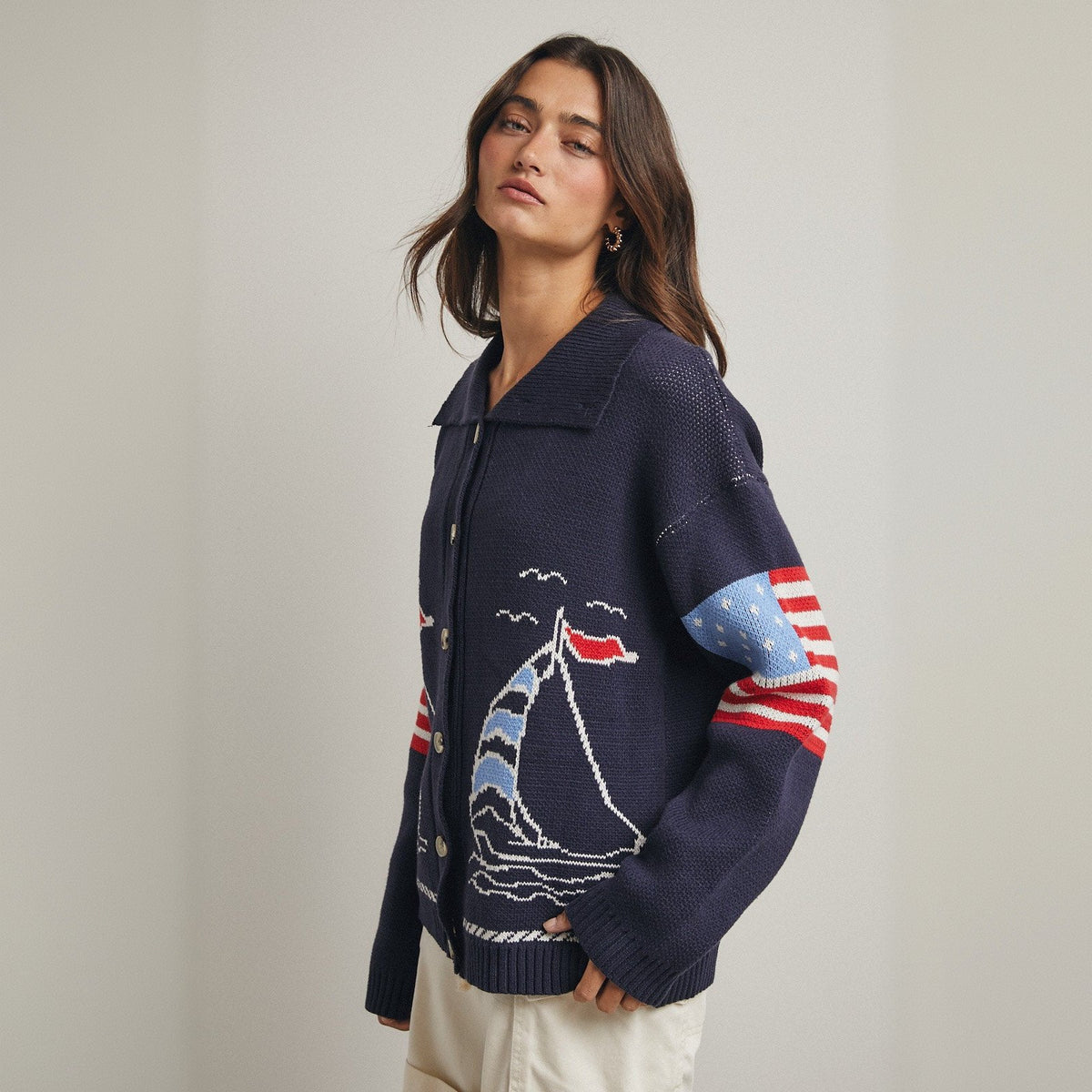 Sailboat-patterned Sweater Casual Long-sleeve Cardigan
