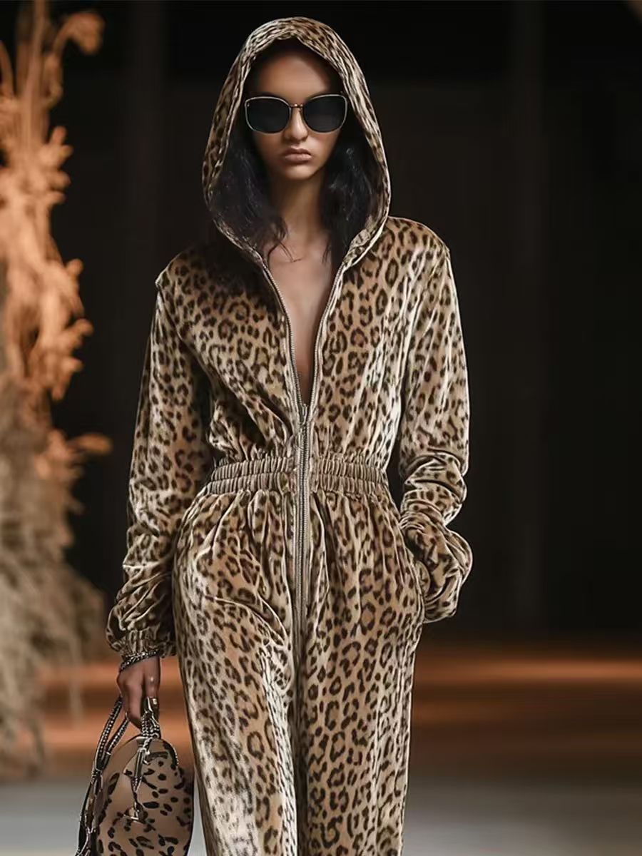 Leopard Print Hooded Long Sleeve Jumpsuit