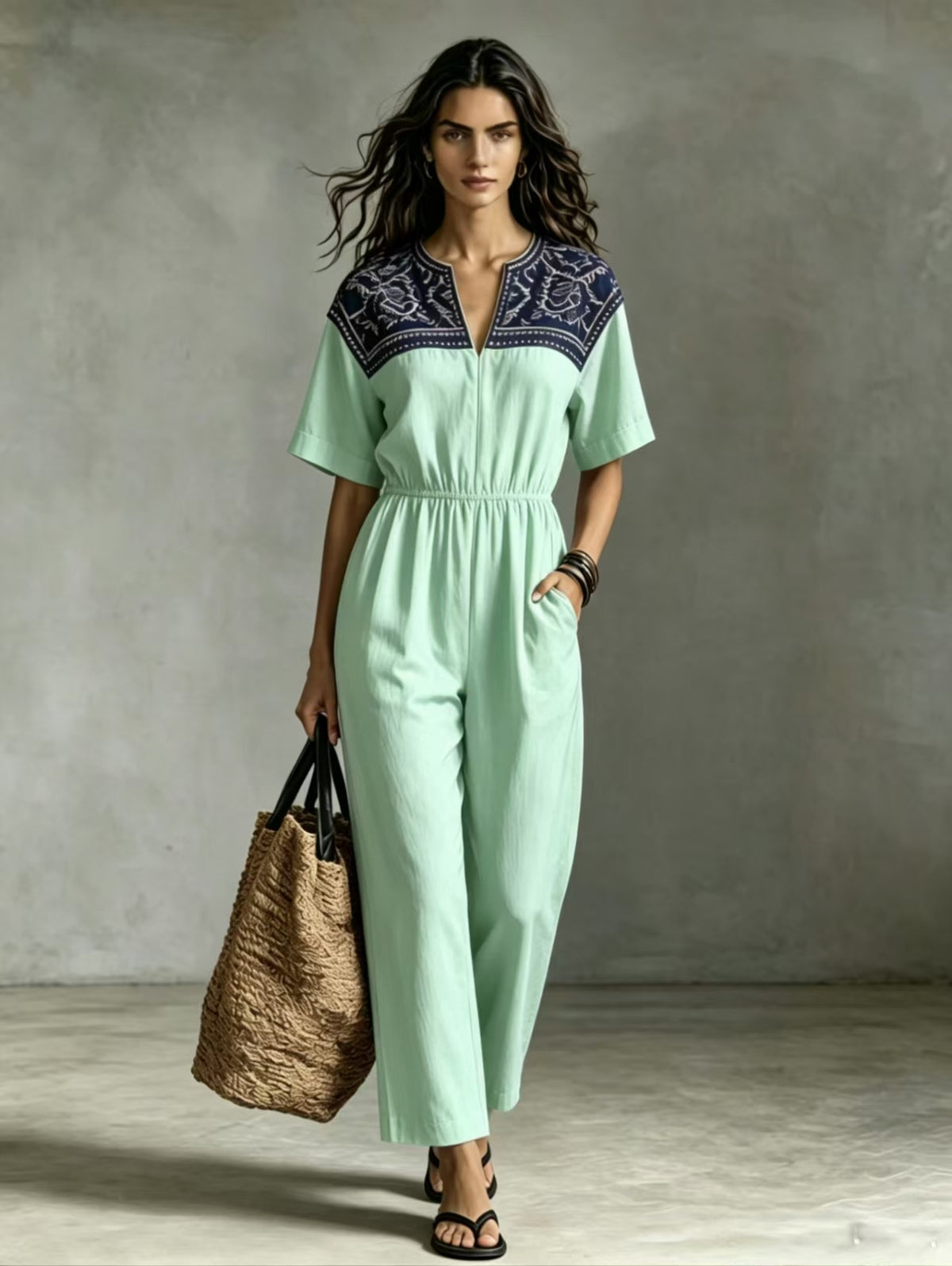 Retro Print V-Neck Short-Sleeve Casual Jumpsuit
