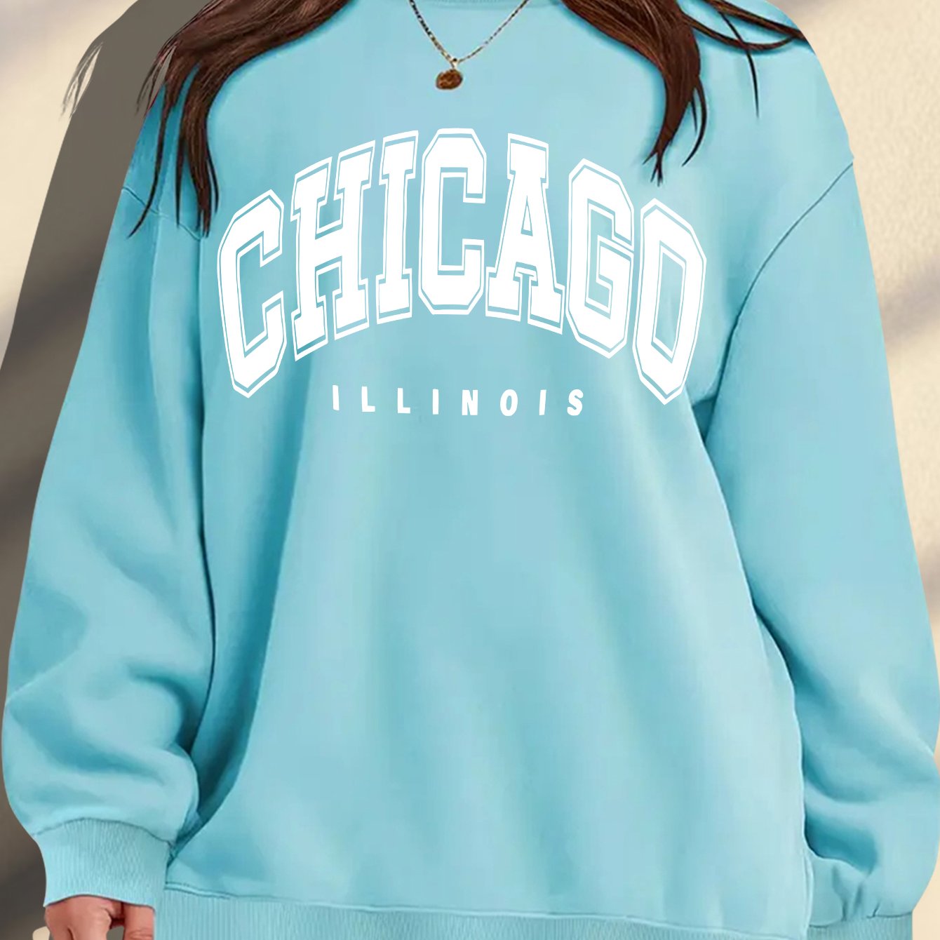 Women's Plus Size Soft Casual Long Sleeve Crew Neck Sweatshirt with American Campus Print
