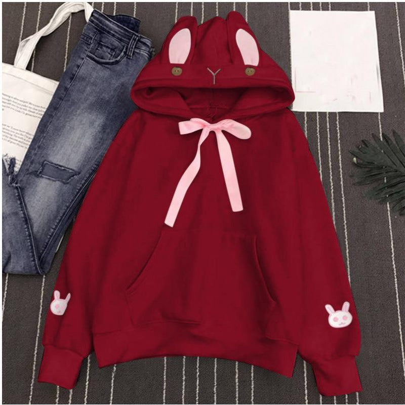 Cute Bunny Ear Embroidered Pocket Fleece Hoodie for Women