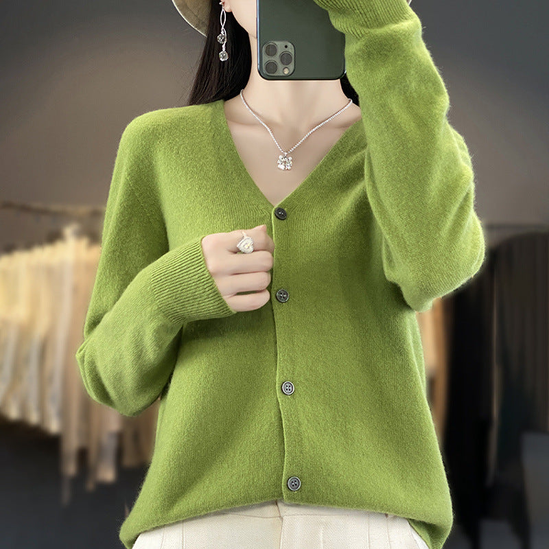 Womens Wool Cardigan Long-sleeve V-neck Sweater Coat