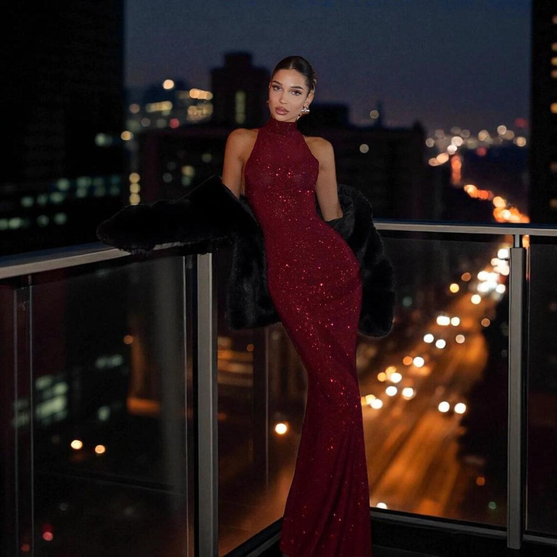 Womens Solid-color Elegant Halter Neck Bodycon Long Dress