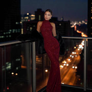 Womens Solid-color Elegant Halter Neck Bodycon Long Dress