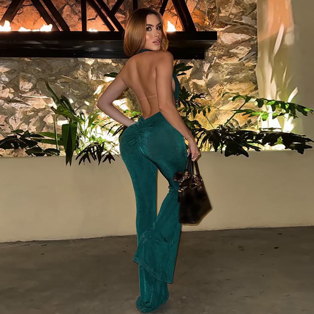 Womens Stylish Sexy Halterneck Backless Bandeau-style Flared Jumpsuit