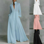 Women Elegant Stand Collar V Neck Shirt Maxi Dress, Long Sleeve Button Front Flowy Loose Floor Length Dresses with Side Pockets