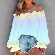 Off-Shoulder Gradient Lace Halter Shirt – Elegant Long Sleeve