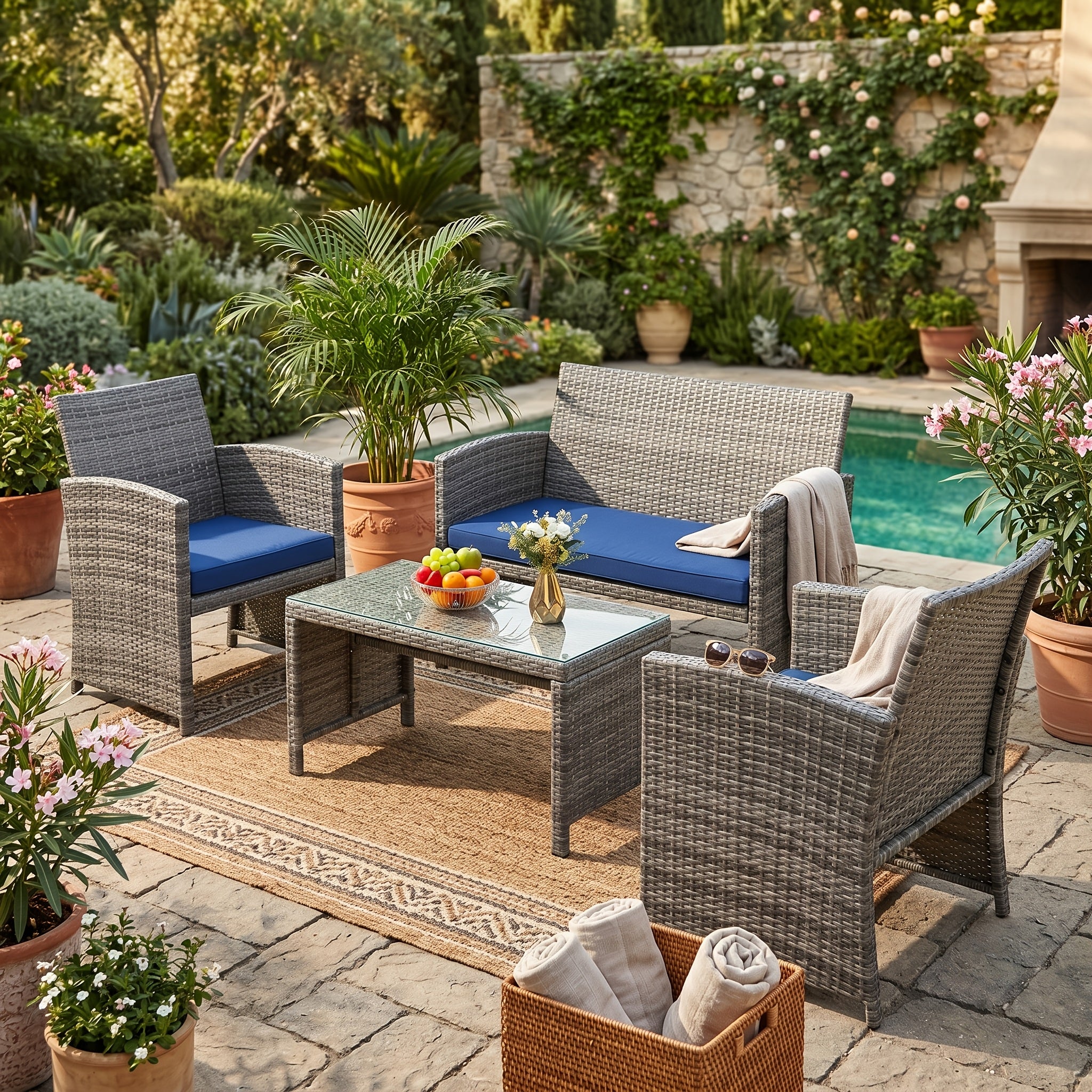 [Rattan Chat Set] SUNLEI 4pcs Rattan Chat Set for Outdoors, Featuring a Tempered Glass Coffee Table, Comfortable Cushions, And Rattan Chairs Ideal for Gardens, Backyards, And Pool Areas