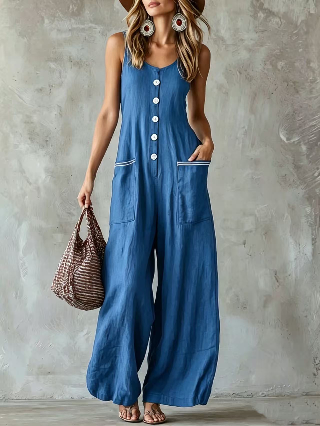 Button-front U-neck Solid-color Casual Jumpsuit
